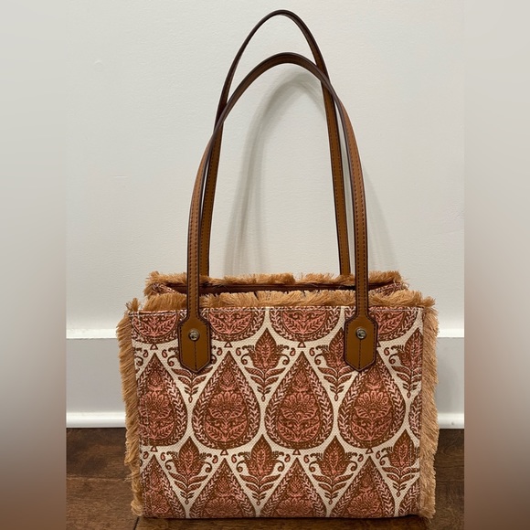 Spartina Anna Fringe Linen Leather Paisley Print Tan Peach Cream Fringe Handbag - Picture 4 of 11